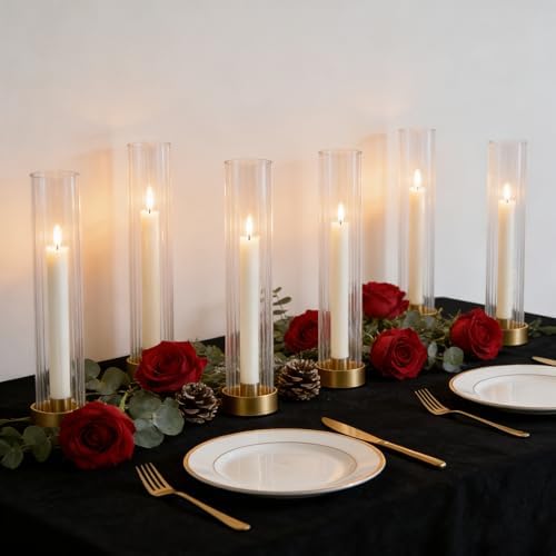 Hurricane Candle Holders Golden Taper Candle Sticks Holder, with 11" Thickened Glass Cylinder Covers Ribbed Candlesticks Holders Bulk Set of 10, Dining Table Centerpiece for Wedding - Image 4