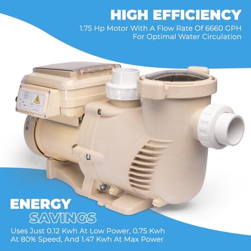 XtremepowerUS SuperFlow Variable Speed High-Flo Pool Pump In-Ground Swimming Pool Energy Efficient 230V, 1-1/2” & 2” Adapter Build-in Timer (1.75, Horsepower)