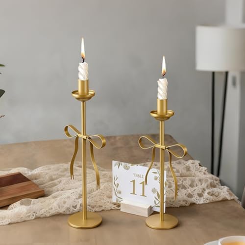 Gold Bow Taper Candle Holders Set of 2 Decorative Candle Stand - Image 5