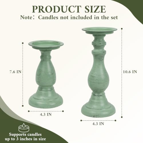 Vintage Metal Pillar Candle Holders Set of 2,Heavy Candle Stands Sage Green - Image 3