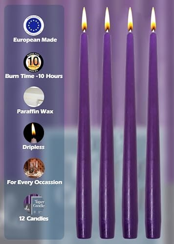 Hyoola Tall Taper Candles - 12 Inch Purple Unscented Dripless Taper Candles - 10 Hour Burn Time - 12 Pack - Image 3
