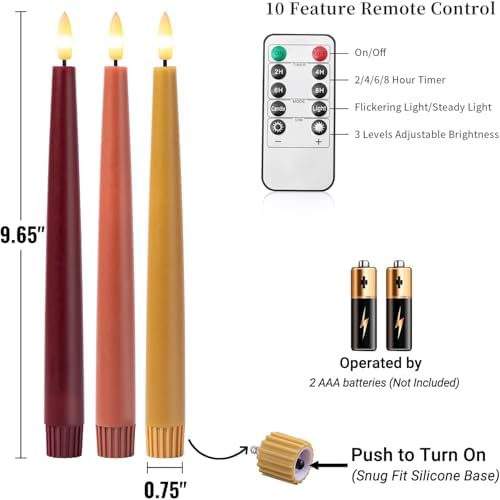 Stmarry Fall Flameless Taper Candles with Remote and Timer, 9.65 Inch Real Wax LED Candlesticks, Battery Operated Thanksgiving Candles with 3D Flickering Flame, Bordeaux, Terra Cotta & Caramel, 6 Pack - Image 6