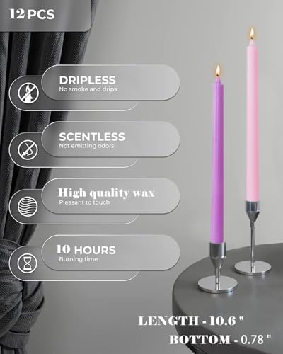 Ribbed Purple Taper Candles Set of 12 Unscented Dripless Smokeless Long Tall Tapered Candlesticks Wedding Advent Home Decor Dinner Christmas-Natural Color Series-10.6 Inch - Image 2