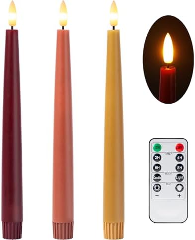 Stmarry Fall Flameless Taper Candles with Remote and Timer, 9.65 Inch Real Wax LED Candlesticks, Battery Operated Thanksgiving Candles with 3D Flickering Flame, Bordeaux, Terra Cotta & Caramel, 3 Pack by Stmarry