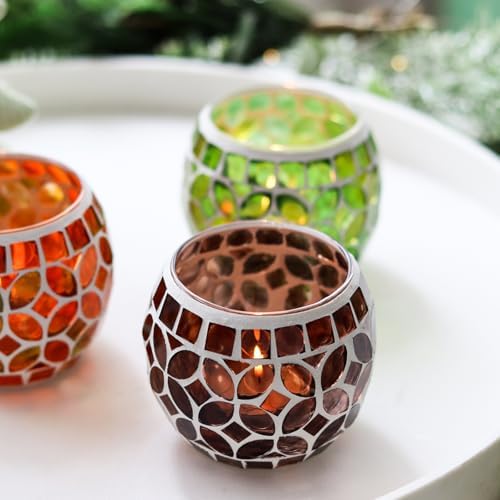 SHMILMH Mosaic Candle Holders Set of 4, Handmade Glass Tealight Votive Holders, Fall Thanksgiving Diwali Decor, Autumn Wedding Party Table Centerpiece, Brown Orange Green - Image 3