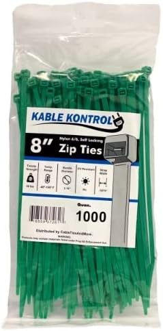 Kable Kontrol Green Zip Ties 8 Inch 1000 Pcs, 50 Lbs Tensile Strength, Self-locking Nylon Colored Cable Ties Wire Wraps for Indoor or Outdoor Use