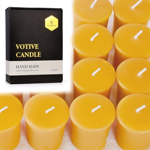 TELOSMA Organic Beeswax Votive Candles, Natural Yellow, Unscented, 12-Pack by TELOSMA