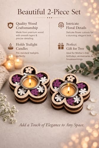 Wooden Tea Light Holder Set of 2 – Decorative Candle Tray, for Mom, Romantic Spa Décor, Home Candle Holder (Flower – Floral Serenity) - Image 2