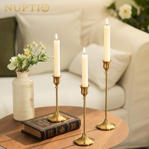 Candlestick Holders Taper Candle Holders, Set of 3 Candle Stick Holders Set, Brass Gold Candlestick Holder Set, Vintage Modern Decorative Centerpiece for Table Mantel Wedding Housewarming Gift - Image 2