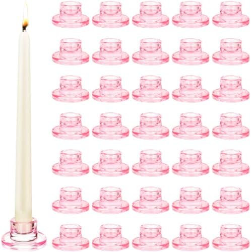 36 PCS Glass Taper Candle Holders Bulk Pink Candlestick Holders Clear Short Tapered Candle Stick Holder Decor Set for Table Centerpiece Wedding Party Advent Christmas Home Decorations by Mkhaslri
