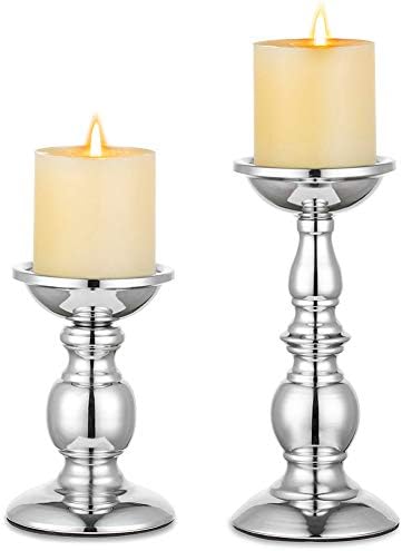 Nuptio Pillar Candle Holders Metal Candle Holder Ideal for 3 inches Candles, Silver Candle Holder for Living Room, Gardens, Spa, Aromatherapy, Incense Cones, Wedding, Party, 2 Pcs by Nuptio