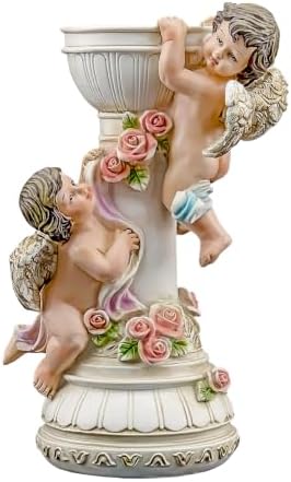 Hand Painted Pastel Cherub Candle Holder Resin Angel Vintage Wedding Gift by BigStoneArt