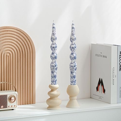 NJAO HOO Floral Taper Candles 10 in Spiral Candlesticks Hand Printed Blue Flower Candlestick Twisted Taper Candle for Home Garden Decor, 2Pcs - Image 6