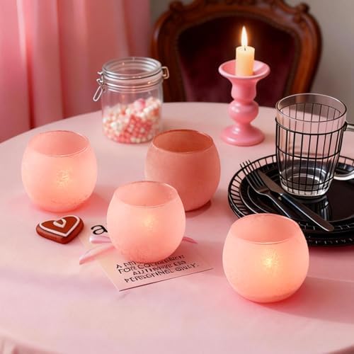 Blush Pink Glass Candle Holders Set of 4, Vintage Frosted Votive Candle Holders for Mother's Day, Romantic Tealight Candle Holders for Wedding Table Centerpieces, Aesthetic Pink Decor for Home Office - Image 6