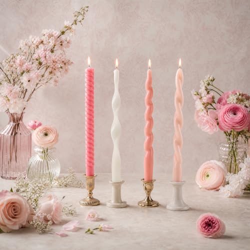 4 Pack Twisted Taper Candles Unscented Dripless Spiral Candlesticks Smokeless Swirl Wax Colorful Decorative Candle Sticks for Wedding Dinner Party Home Decor (Pastel Pink White, 9.7 inch) by Unknown