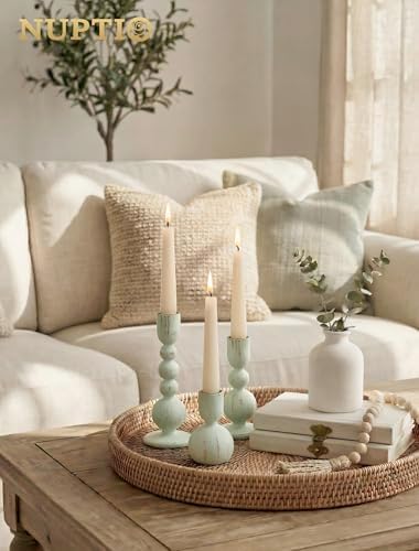 NUPTIO Wooden Taper Candle Holders, Set of 3 Sage Green Candlesticks - Image 5