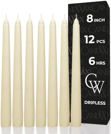 CANDWAX Candle Set of 12 Ivory Taper Candles 8 inch - Dripless and Ideal for Wedding Use - Long Burning and Unscented Candlesticks - Ivory Candles by CANDWAX