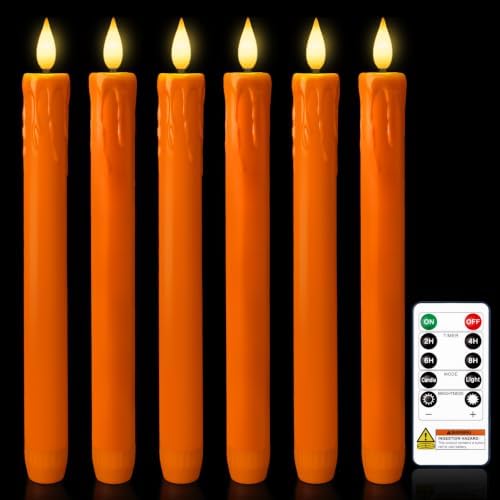 Homemory Orange Flameless Taper Candles with Remote Timer, 9.6 Inch Real Wax Battery Operated Candlesticks, Flickering Warmer Light Led Tapered Candle 6 Pack for Halloween Home Decor by Homemory