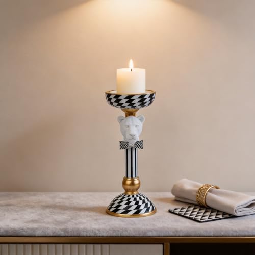 Checkered Animal Candle Holders, Resin Black White Checkered Tiger Head Candlestick Holders, Cute Black-and-White Pillar Candle Stand Home Decorations (Cheetah) - Image 2