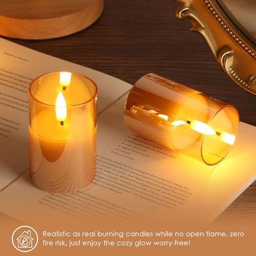 Gold Glass Flameless Votive Candles with Remote Timer, Real Wax Flickering Small LED Pillar Candles Set of 6 - Image 6
