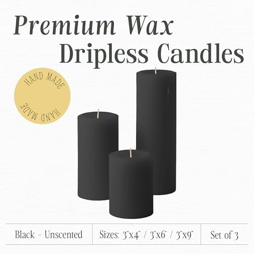 Mister Candle Unscented Dripless Pillar Candles Set of 3, Hand Poured 3 Inch Candles, Premium Wax, Decorative Pillar Candles, (3" x 4", 3" x 6", and 3" x 9", Black) - Image 2