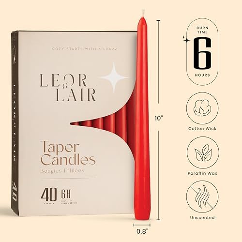 Leor & Lair Red Taper Candles, 40 Pack, 10" Bulk Taper Candles, Unscented - Image 2