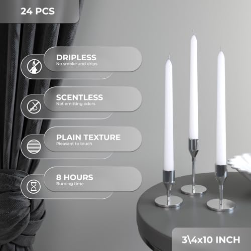 CANDWAX 10 inch White Taper Candles - 24 Pack for Wedding Table Decor & Centerpieces - Dripless Smokeless Long Lasting Unscented Candlesticks - Value Set for Dinner Table & Home Decor - Image 2