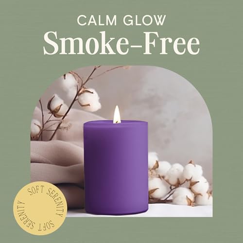 Mister Candle Dripless Unscented Purple Pillar Candles, Set of 3 Hand Poured Solid Color Non-Scented Candles for Home Decor, Premium Wax, 60 Hr Burn Time - 3x4 Inch, Purple - Image 4