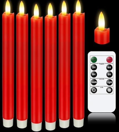 KSWING Upgraded Real Wax LED Flameless Red Taper Candles with Remote, 6 PCS Candlesticks Battery Operated 3D Flickering - 9.6" Long Realistic Fake Candle Sticks for Home/Wedding/Fireplace Xmas Decor by Unknown
