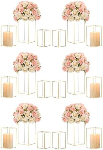 Hewory Glass Hurricane Candle Holder, 18Pcs Gold Large Pillar Candle Holder by Hewory