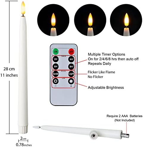 Homemory 11 inches Waxy Battery Operated Taper Candles with Remote Timer Dimmer, 6 Pcs Flameless Taper Candles with Flickering Flame, White Candlesticks Battery Powered for Ceremony Memorial Decor - Image 6