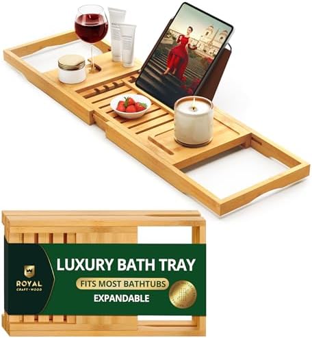 ROYAL CRAFT WOOD Premium Foldable Bathtub Tray Caddy - Wood Bath Tray for Tub, Bamboo Shelf, Expandable Bath Table Trays, Bathtub & Bathroom Accessories for New Home & Mothers, Birthday Gifts for Mom by ROYALCRAFTWOOD
