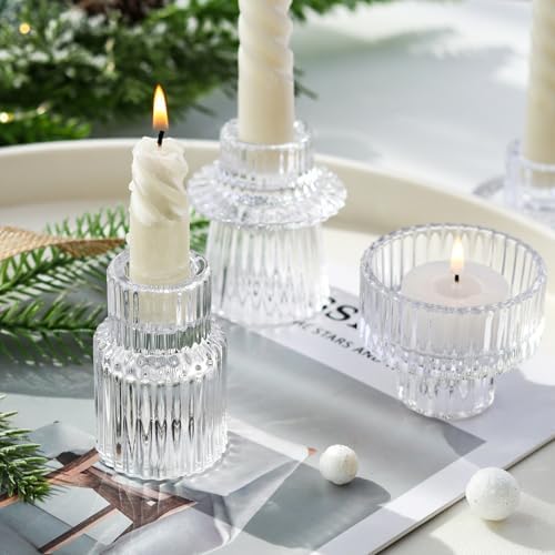 Ribbed Glass Candlestick Holders 6PCS Clear Candle Stick Holders for Tealight Taper Candles Dining Table Centerpieces Holiday Decoration - Image 2
