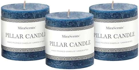 3x3 Inch Dark Blue Pillar Candles Set of 3 - Hand-Poured Unscented Candles, Long Clean Burning, Navy Blue Candle, Smokeless Dripless Candle for Dinner Table, Wedding, Home, Rustic Decor by MiraScents