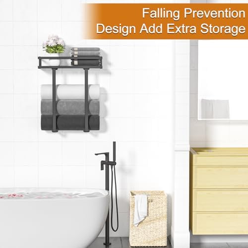 Towel Racks for Bathroom Wall Mounted, Xstydes Metal Towel Holder with Wooden Shelf for Folding Large Towels, Towel Storage for Small Bathroom Organizer Decor or RV Camping, Black - Image 5