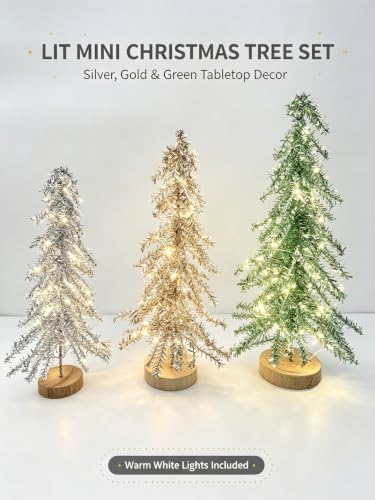3 Pcs Mini Christmas Tree with Lights, Artificial Bottle Brush Trees with Wooden Bases Christmas Table Decor Small Trees with LED Light String for Decorations (3 Color) - Image 2