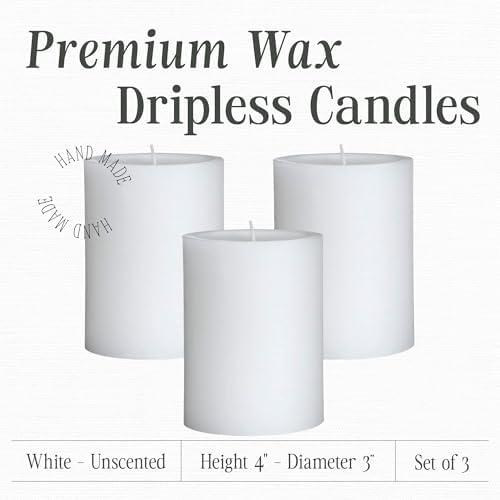 Mister Candle Dripless Unscented White Pillar Candles, Set of 3 Hand Poured Solid Color Non-Scented Candles for Home Decor, Premium Wax, 60 Hr Burn Time - 3x4 Inch, White - Image 2