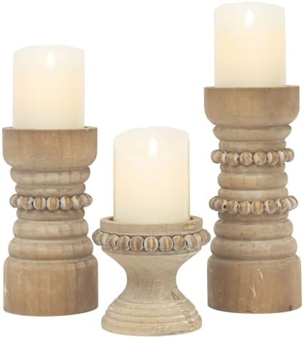 Rustic Natural Wood Candle Holders Set of 3, Farmhouse Beaded Wood Pillar Candle Holder, Candle Holders for Pillar Candles & Candlesticks, Candle Sticks Holder Decor for Table Centerpiece by MODE+HOME