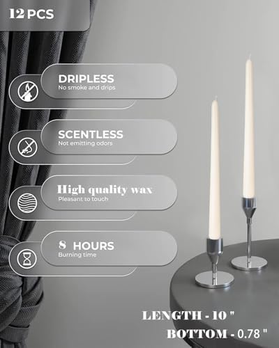 10 Inch Ivory Taper Candles-Dripless Unscented Cream Tapered Candle Smokeless Candlestick Long Slow Burning 8 Hours Tall Sticks for Christmas Wedding Dinner Parties 12 Pack - Image 2