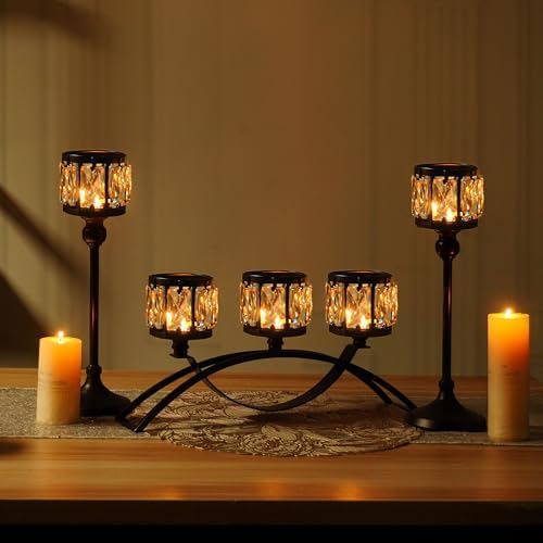 Black Set of 3 Crystal Candle Holders Arched - Elegant Tabletop Candelabra Centerpiece for Weddings, Dining Room Decor, Modern Home & Cabinet Display Housewarming - Image 4