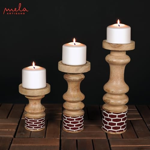 Mela Artisans Gramercy Wood Candle Holders - Red Natural, Set of 3 - Image 5