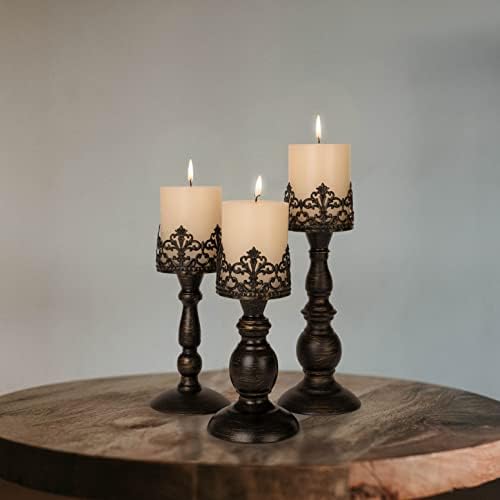 BANOMII Distressed Black Candle Holders for Pillar Candles Set of 3, Vintage Crown Candle Stands for Table Centerpiece Decor, Tall Antique Metal Candle Holder Set for Fireplace Decoration, Ideal Gift - Image 3