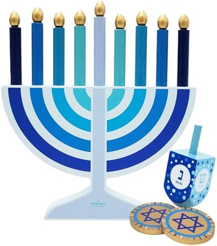 Mini Blue Hanukkah Menorah, 5" Inch Children Wooden Chanukah Menorah Set with Removable Wooden Candles, 3" Inch Dreidel, and Gelt Coins - Image 7