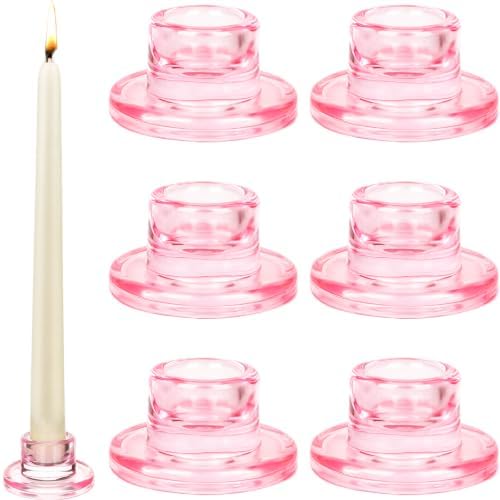 6 PCS Glass Taper Candle Holders Bulk Pink Candlestick Holders Clear Short Tapered Candle Stick Holder Decor Set for Table Centerpiece Wedding Party Advent Christmas Home Decorations by Mkhaslri