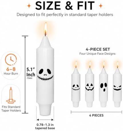 Halloween Taper Candles 5in, 4 Pack White Candles with Spooky Ghost Faces - Image 3