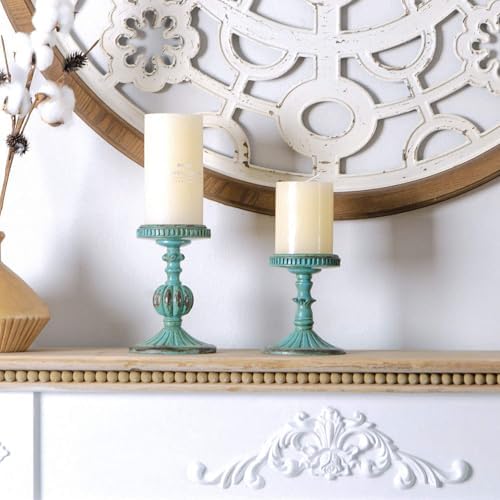SOFFEE DESIGN Set of 2 Antique Resin Pillar Candle Holder Sets, Vintage Cylindrical Candlestick Stand Home Decor for Dining, Living Room, Mantel, Table Centerpiece, Retro Blue Candleholder Decor - Image 3
