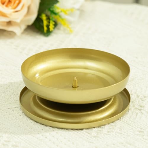 Gold Iron Plate Candle Holder, Golden Metal Pillar Candle Plate with Spike, Easy Candle Installation Ideal for Wax & LED Candle Gardens, Spa, Aromatherapy, Wedding, Party - Image 2