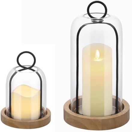 Set of 2 Versatile Black Metal Candle Holder with Handmade Sturdy Glass Dome And Natural Wooden Base for Pillar Candle & Plants, Industrial, Farmhouse, Shabby Chic, Decorative Display Cloche Bell Jars by Unknown