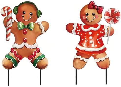 Zonon 2 Pcs Christmas Metal Yard Stakes 3D Gingerbread Boy Girl 27.5 Inch by Zonon