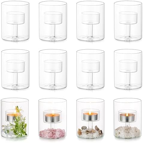 Glasseam Glass Tea Lights Candle Holder, 12 Pcs Cylinder Small Votive Decor by Glasseam